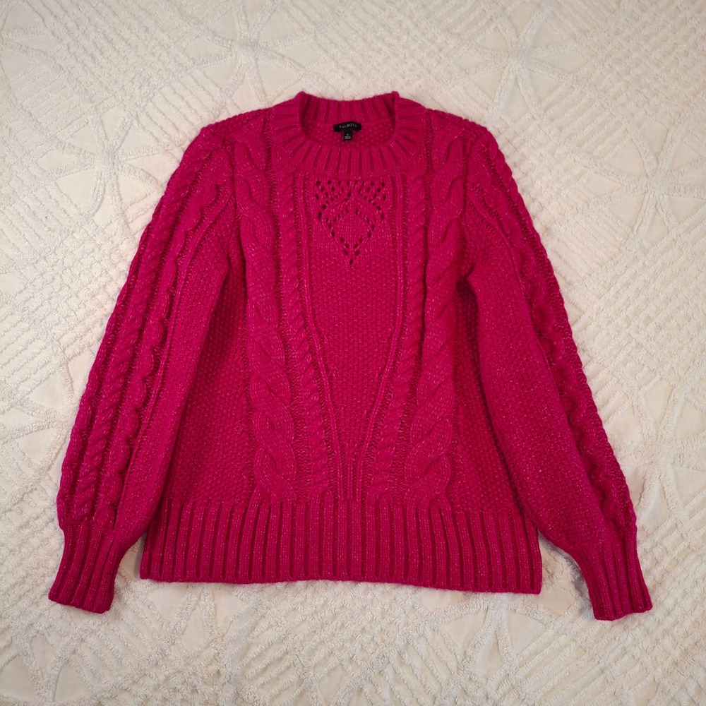Talbots Womens Sz Small Hot Pink Cable Knit Heart Pointelle Sweater Wool Blend